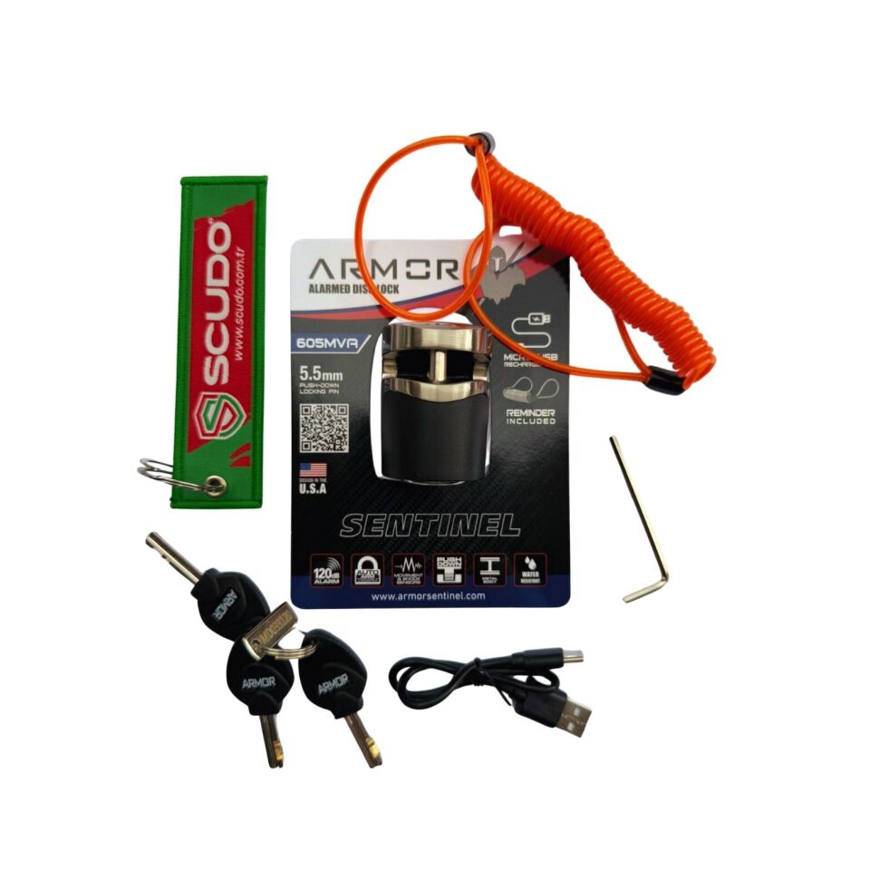 Armor 605MVA 5.5mm 120Db Alarmlı ve Şarjlı Disk Kilidi (Tüm Vespa Modelleriyle Uyumludur)