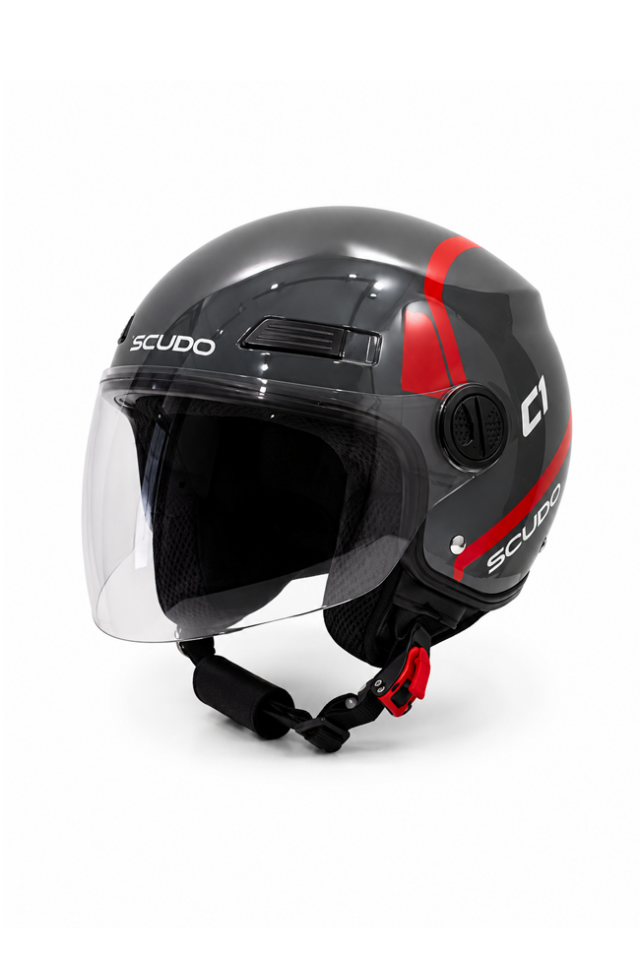 Scudo C1 Open Face Çene Açık Motosiklet Kaskı Ece 22.06 Sertifikalı Gri/Kırmızı